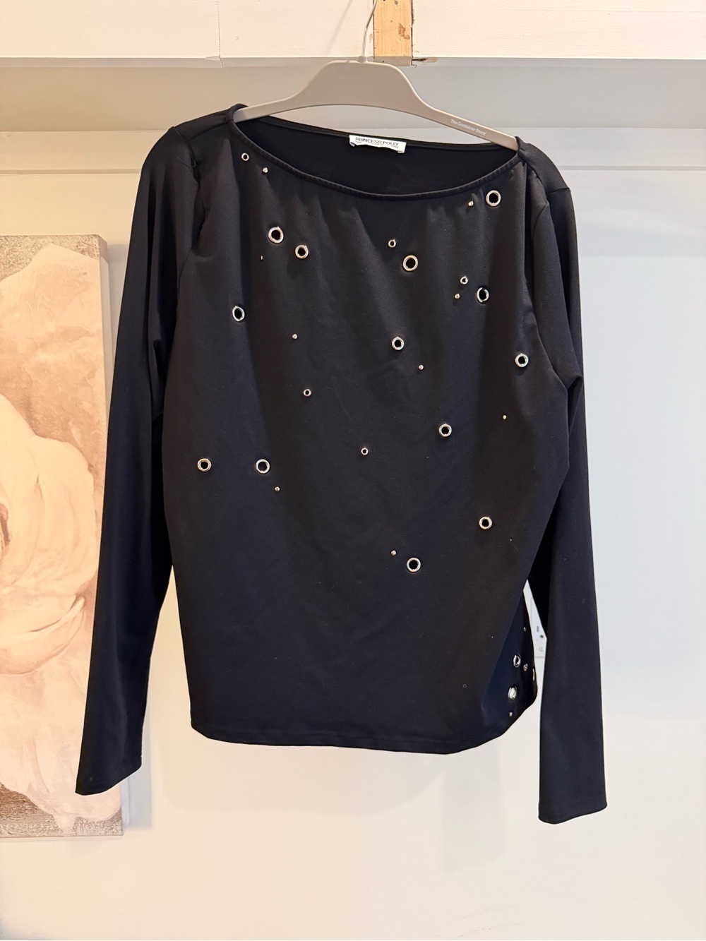 Princess Polly Black Long-Sleeve Eyelet Accent Tee
